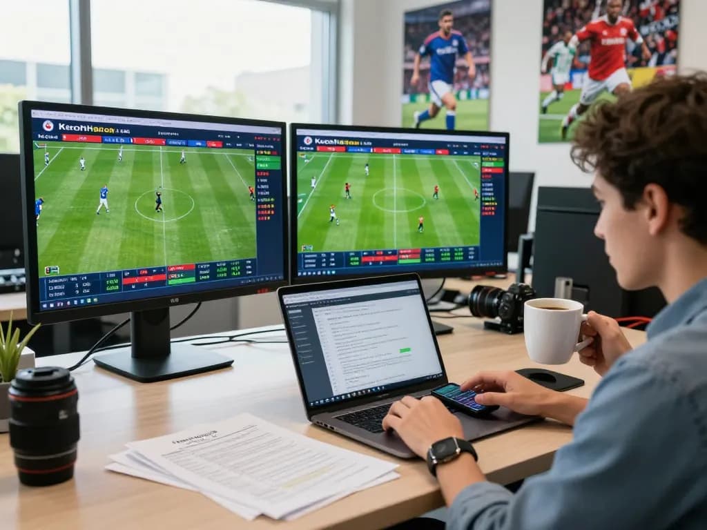 Individual analyzing live football matches and betting odds on multiple screens, focusing on Keonhacai.