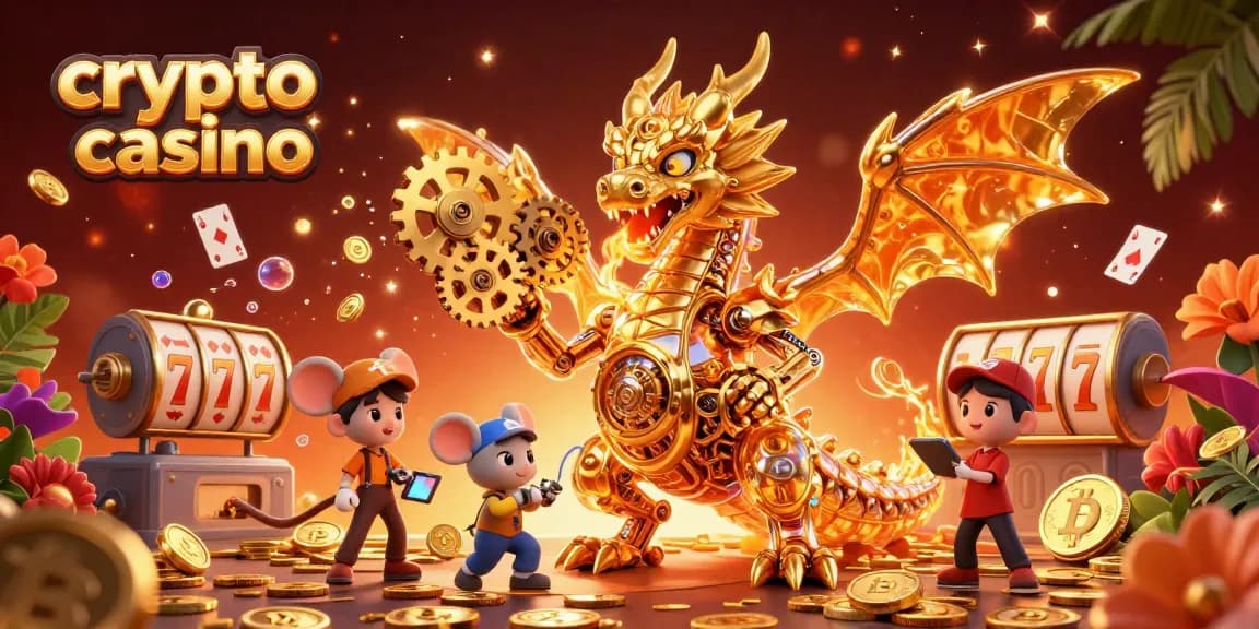 Jouer au crypto casino tout en découvrant des dragons et des gains en or dans une scène animée et colorée.