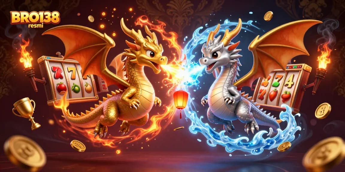 Spin the reels with BRO138 resmi as two 3D dragons unleash fire and ice amidst slot elements.
