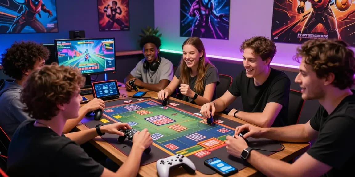 Friends enjoying rikvip gaming night with excitement and digital devices