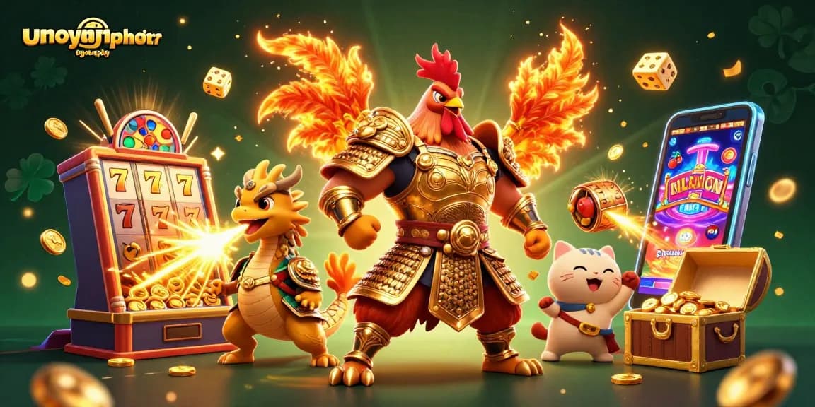 umoyaphotography showcases a vibrant 3D illustration of a rooster warrior and dragon in a casino scene