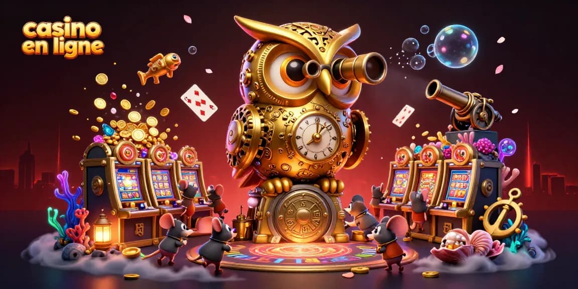 Casino en ligne : illustration dynamique avec un hibou doré et des machines à sous