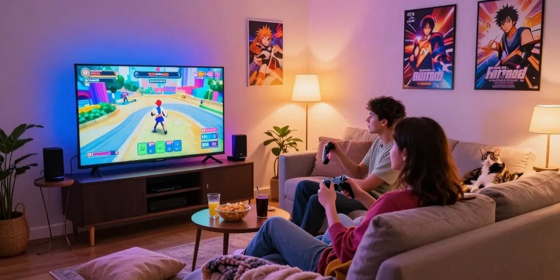 Couple playing hentaigame in a cozy living room with snacks and colorful lights.
