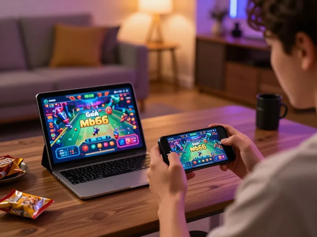 Engaged player enjoying game bài mb66 on smartphone and tablet in a cozy living room setting.