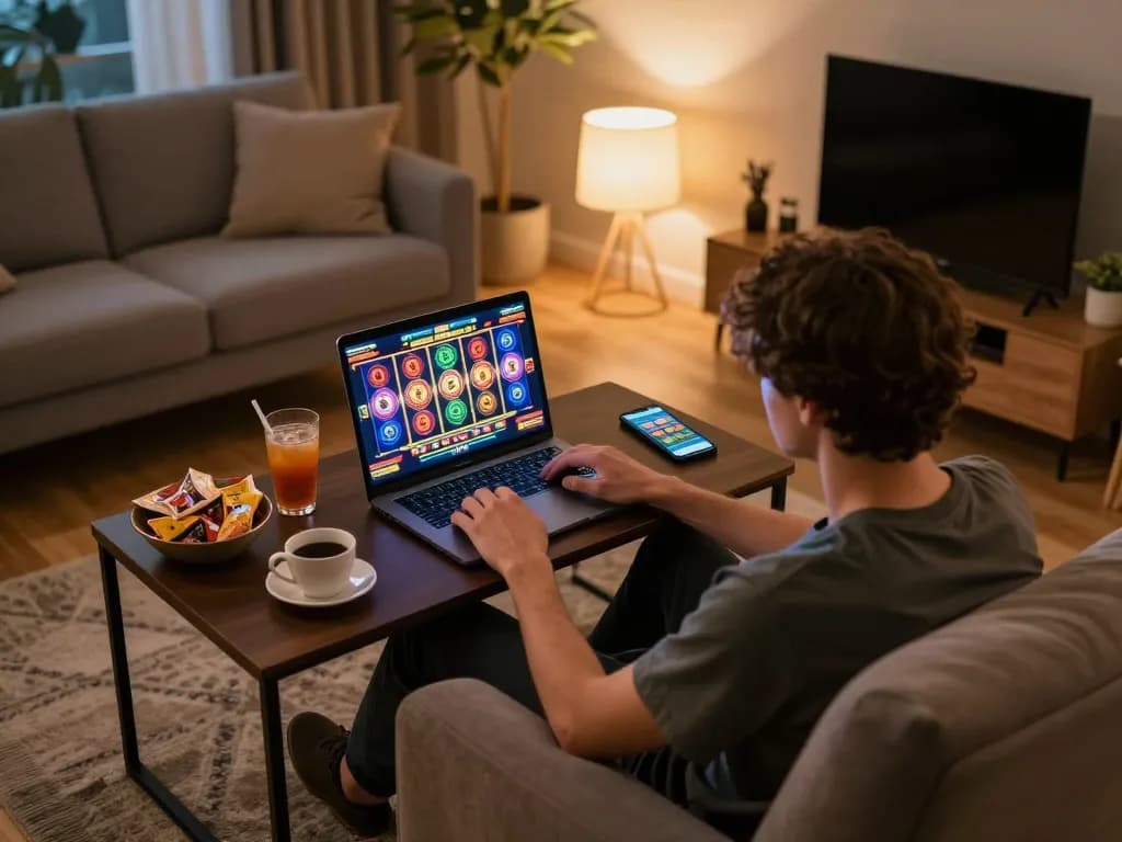 Kuwin player engaging with online slots at a cozy home setup
