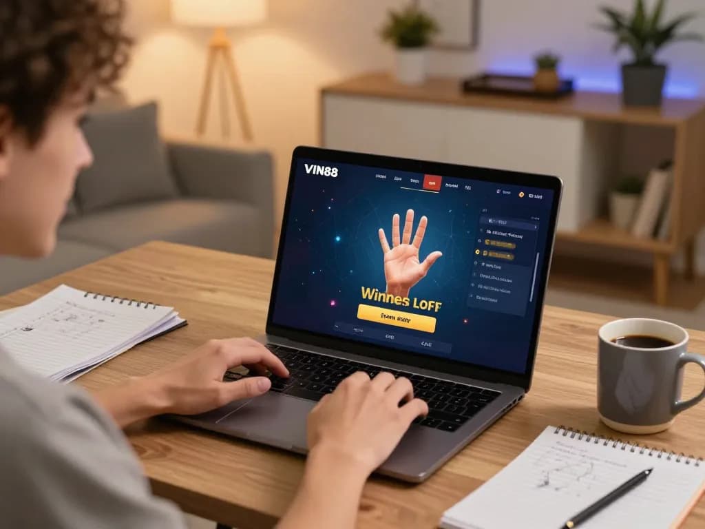 Engaging gameplay experience on VIN88 as a player reveals a winning hand on their laptop.