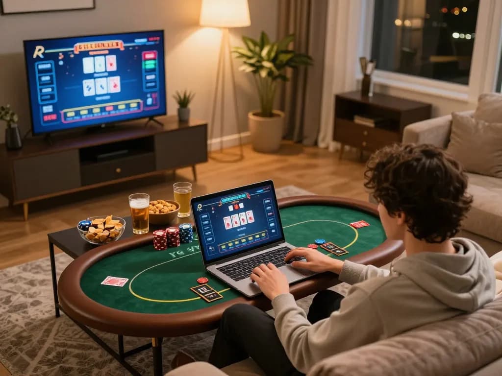 Engaging in a thrilling online poker game at home with TR88 on display.