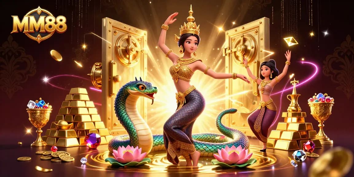 Play thrilling games at MM88, featuring a vibrant casino scene with rich gold elements and engaging characters.