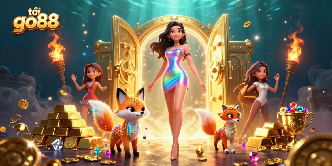 Play and win big with tải go88, as a dazzling woman and colorful fox celebrate in a gold-filled casino.