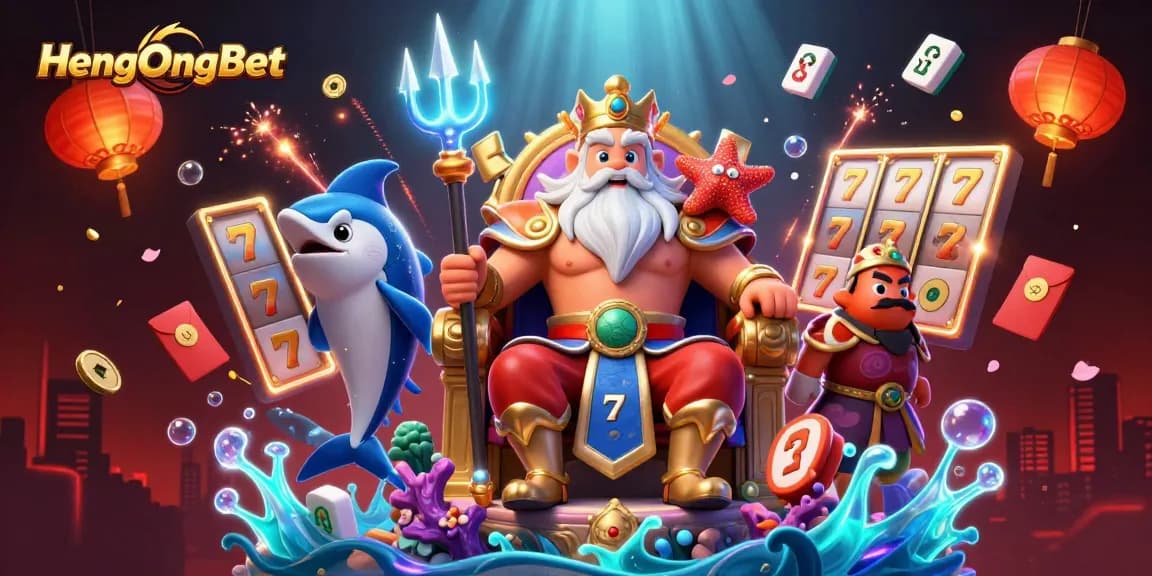 Engage with HengOngBet, featuring Neptune and vibrant casino elements in a dynamic 3D illustration.