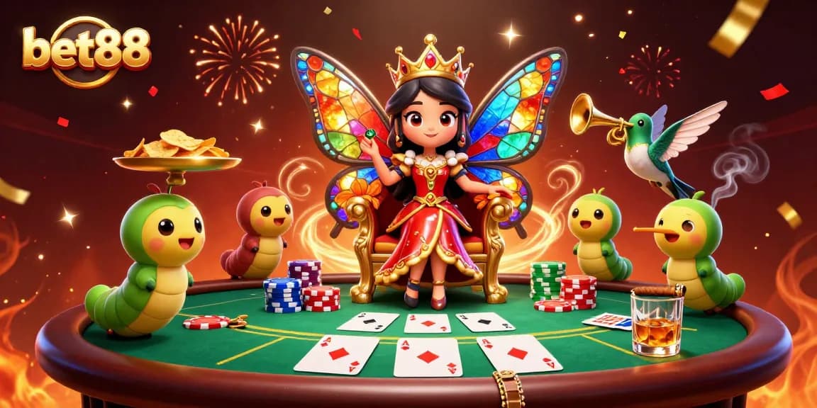 Experience thrilling action at bet88 with a vibrant poker scene featuring a butterfly queen and lively dealers.