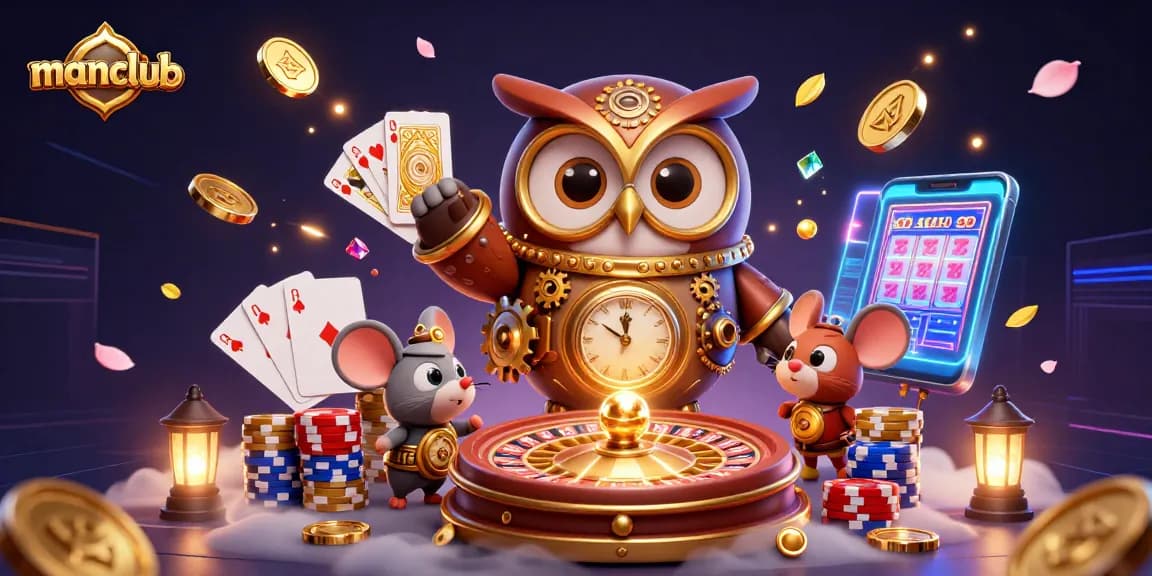 Experience thrilling gaming at manclub with a 3D scene of a time-traveler owl and vibrant casino elements.