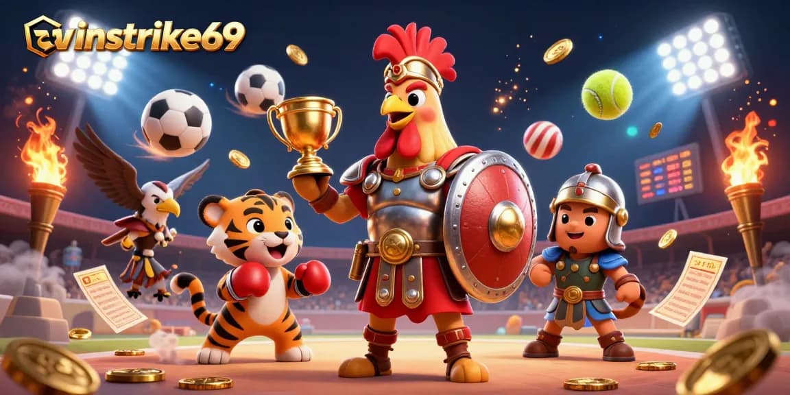 Engage with winstrike69 in this dynamic sports betting scene featuring a gladiator rooster.