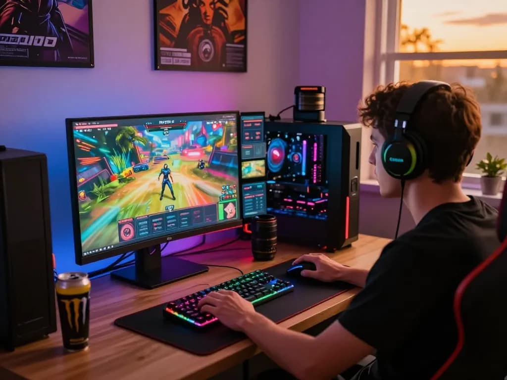 Player engaged in an HTML porn game with dynamic visuals and gaming setup, showcasing an immersive experience.