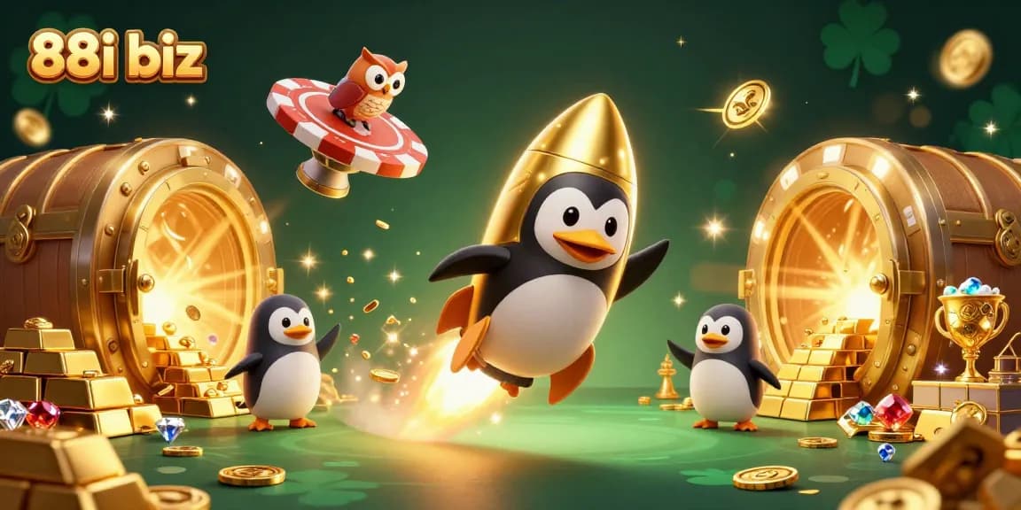Experience thrilling gaming adventures with 88i biz, where a golden penguin flies through a dazzling casino landscape.