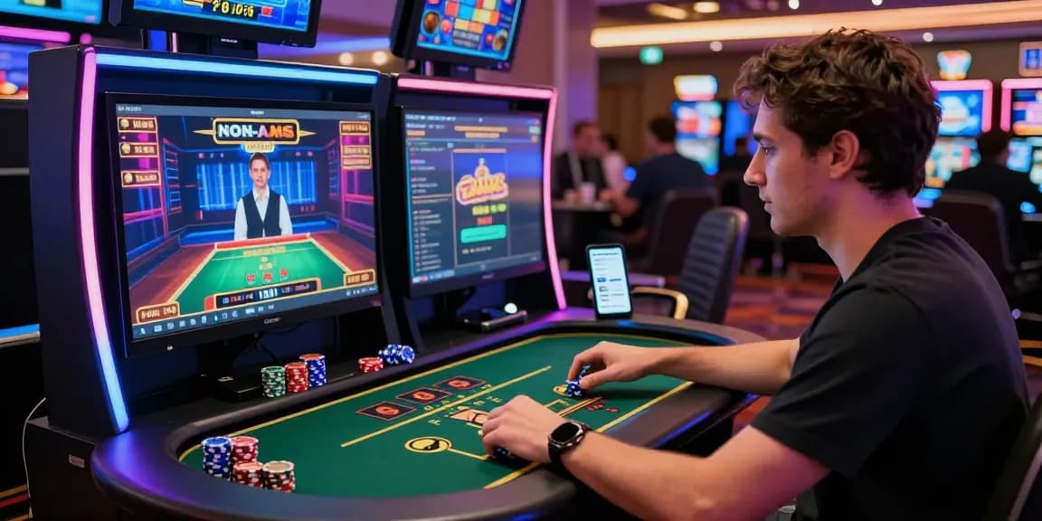 Scena emozionante di un giocatore che interagisce con giochi online in un casino non AAMS, con luci LED vibranti e interazioni digitali.