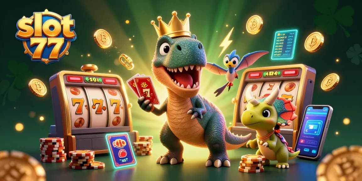 Engage in the thrill of slot 77 with a captivating scene featuring animated characters and casino elements.