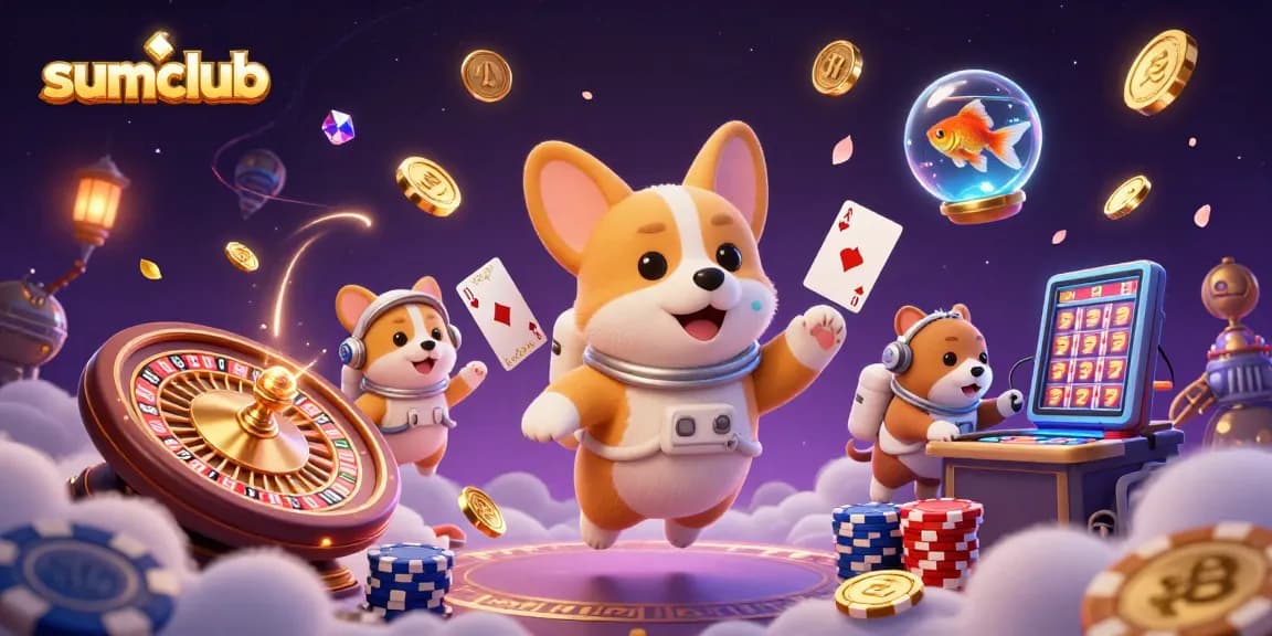 Experience thrilling gaming at sumclub with an exciting space casino scene featuring floating coins and cards.