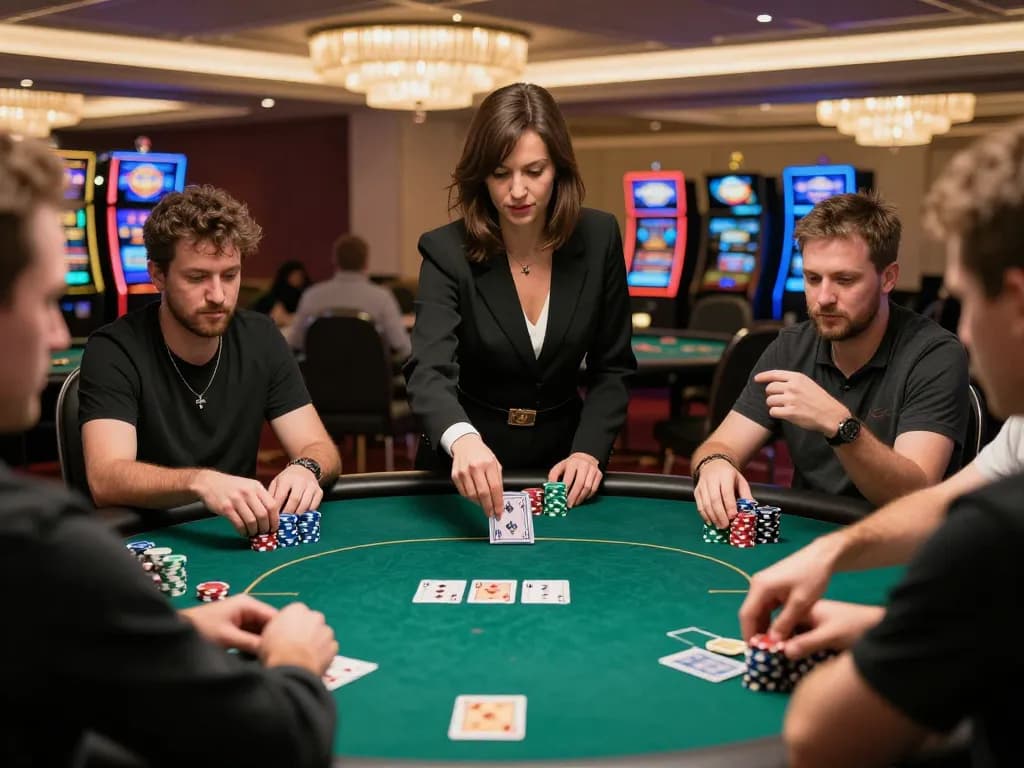 Players engaged in intense poker action at keonhacaihomnay casino table, stacks of chips visible, sophisticated atmosphere