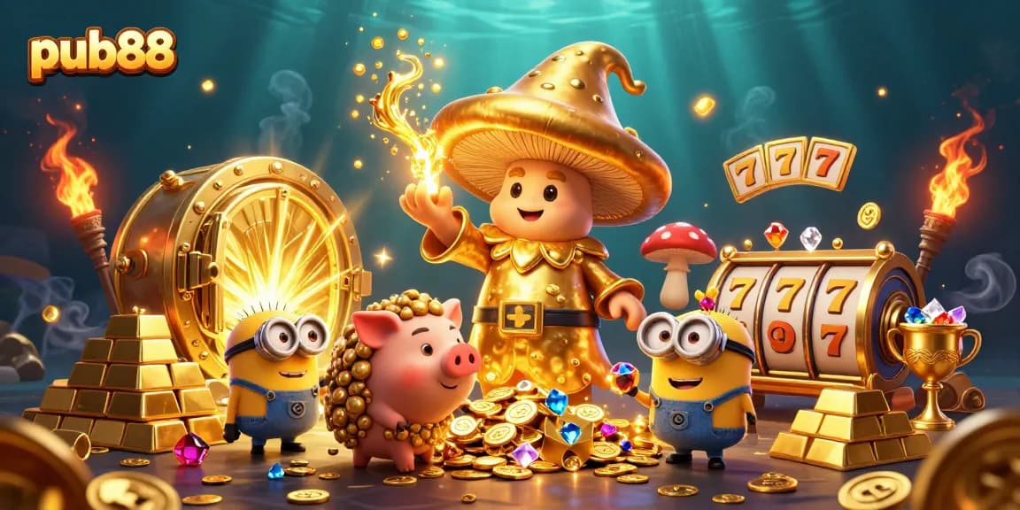 Experience the magic of pub88 with golden treasures and exciting slot games in a vibrant 3D scene.