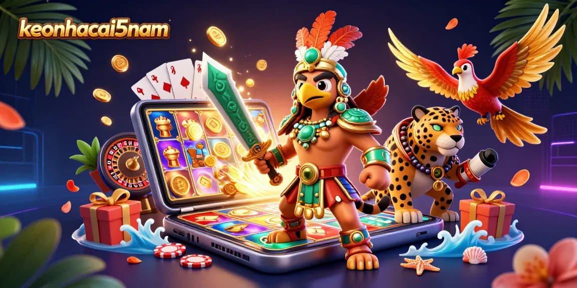 Experience thrilling action with keonhacai5nam in a vibrant casino scene featuring Aztec warriors and gaming elements.