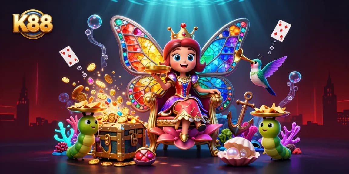 K88 casino scene featuring a butterfly queen, vibrant colors, gold chips, and playing cards.
