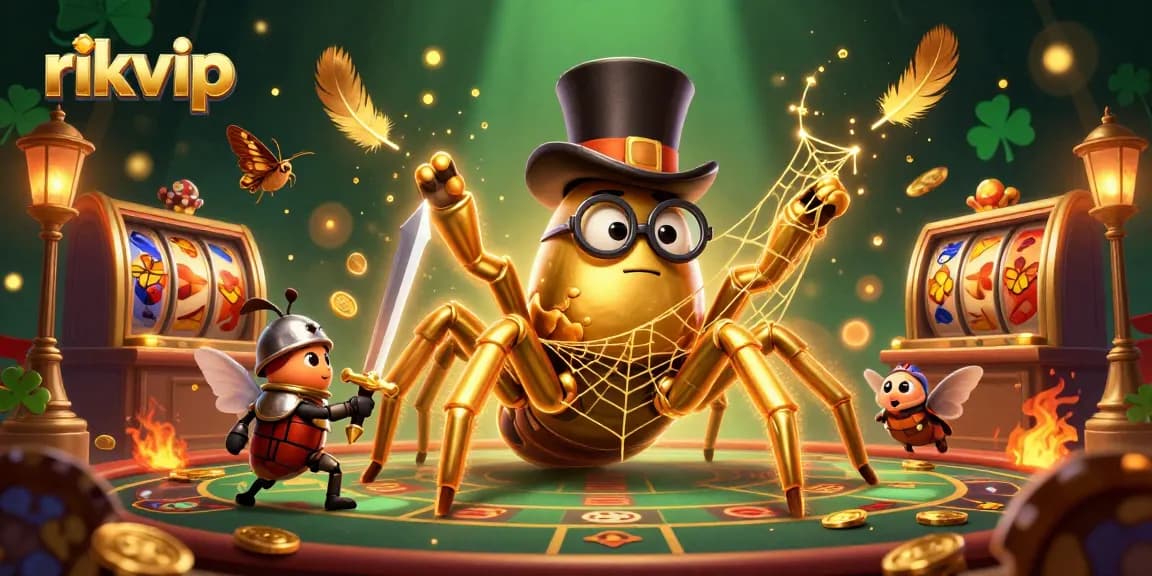 Experience the thrill of rikvip with a golden tarantula and beetle knight in a vibrant casino scene.