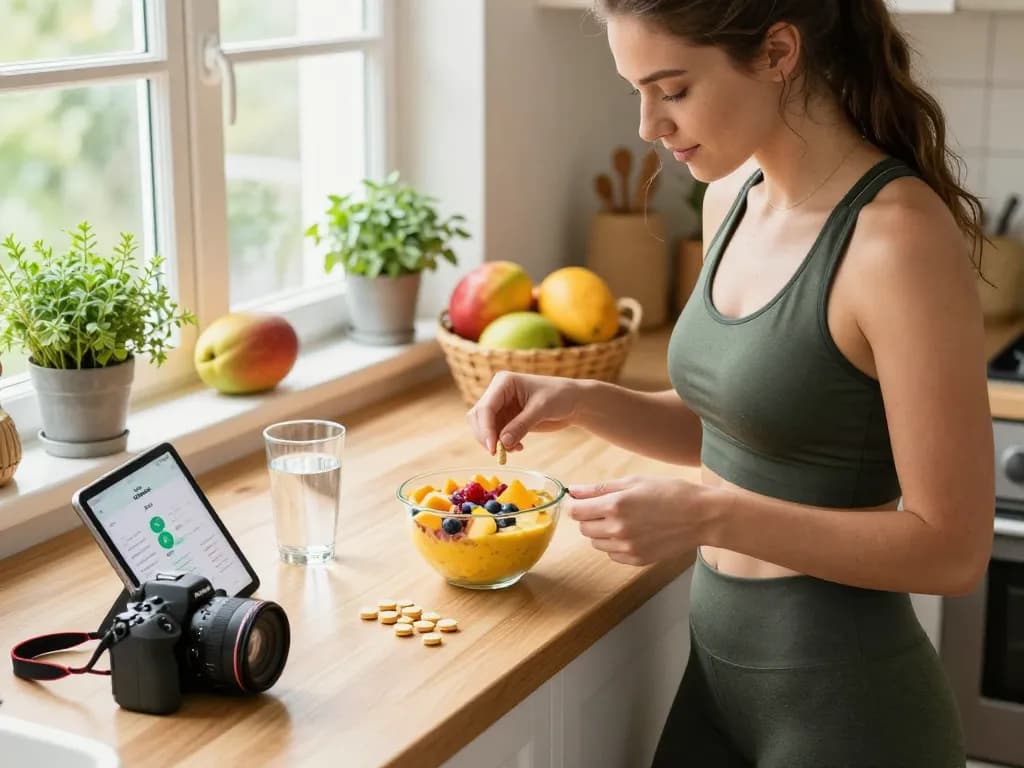 Xuno Mega Mango tablets in a sunny kitchen with smoothie bowl and wellness app.