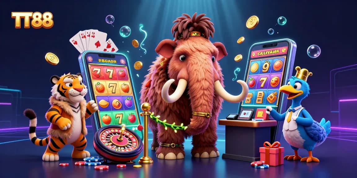 Engage with TT88's vibrant casino atmosphere featuring characters amidst slot games and rewards.