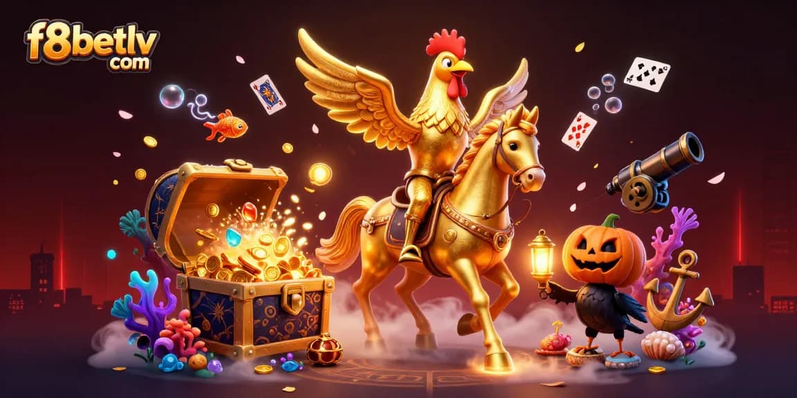 Experience the thrill at f8betlv com through vibrant golden rooster and treasure-filled casino atmosphere.