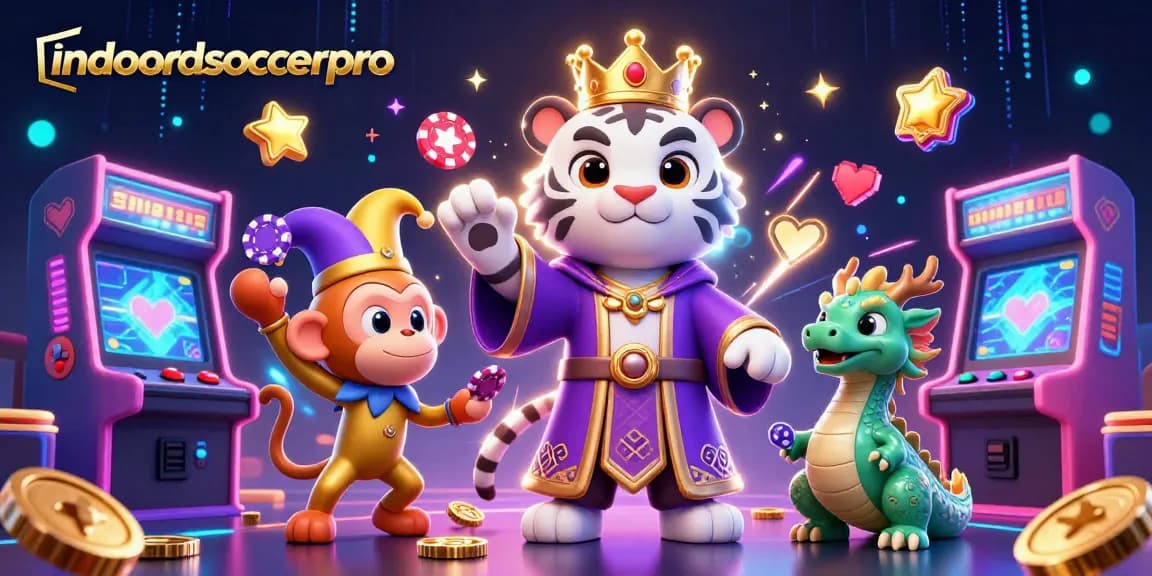 indoorsoccerpro showcases an exciting 3D digital illustration with a royal-themed cartoon scene featuring playful characters and casino elements.