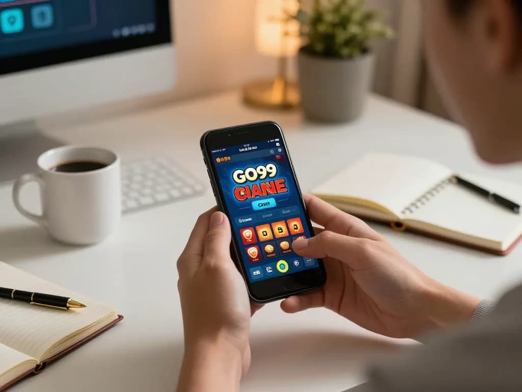 Engaging with the GO99 com casino app on smartphone in a cozy home gaming setup.