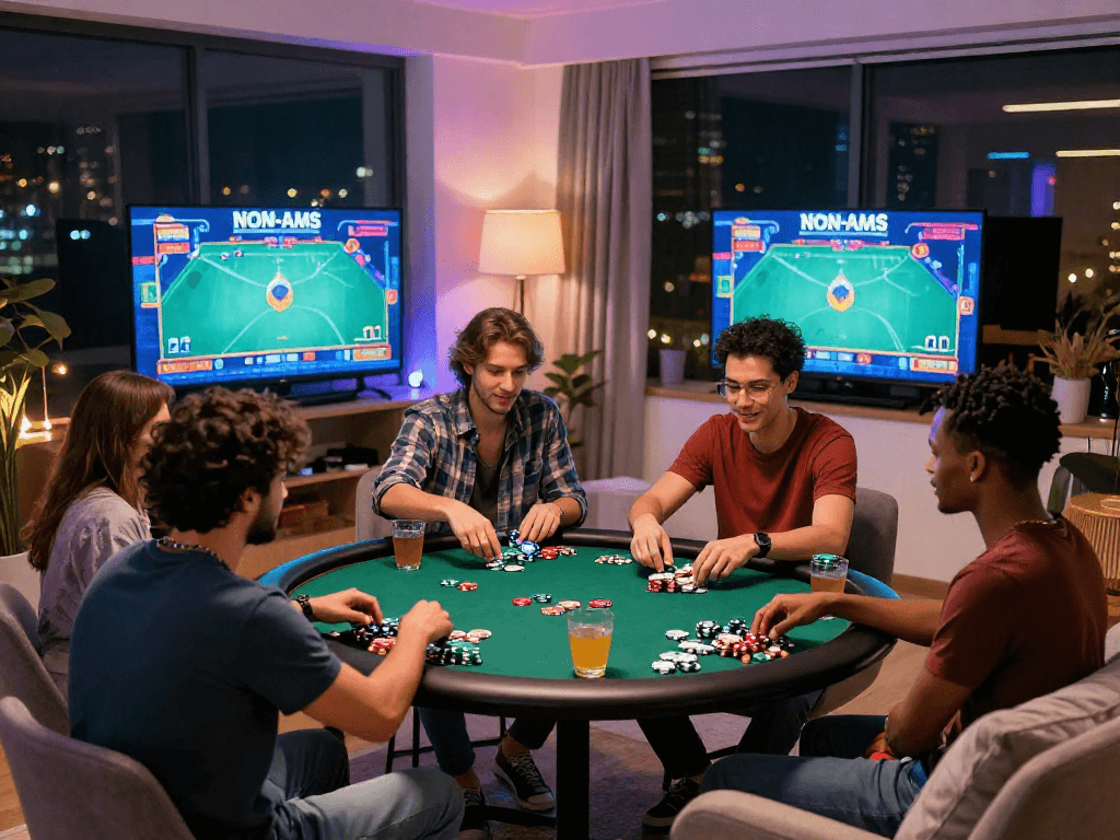 Giocatori che si divertono ai giochi non AAMS in un'accogliente sala, atmosfere di festa e giochi online.