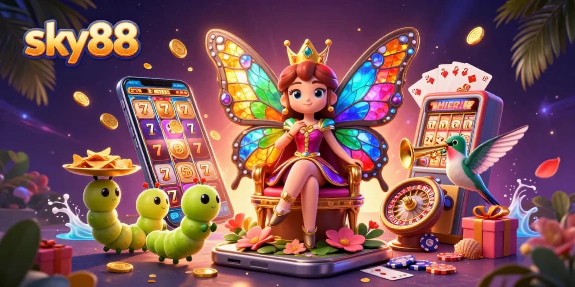 Spin to win at sky88 with vibrant casino elements and magical characters in a colorful scene.