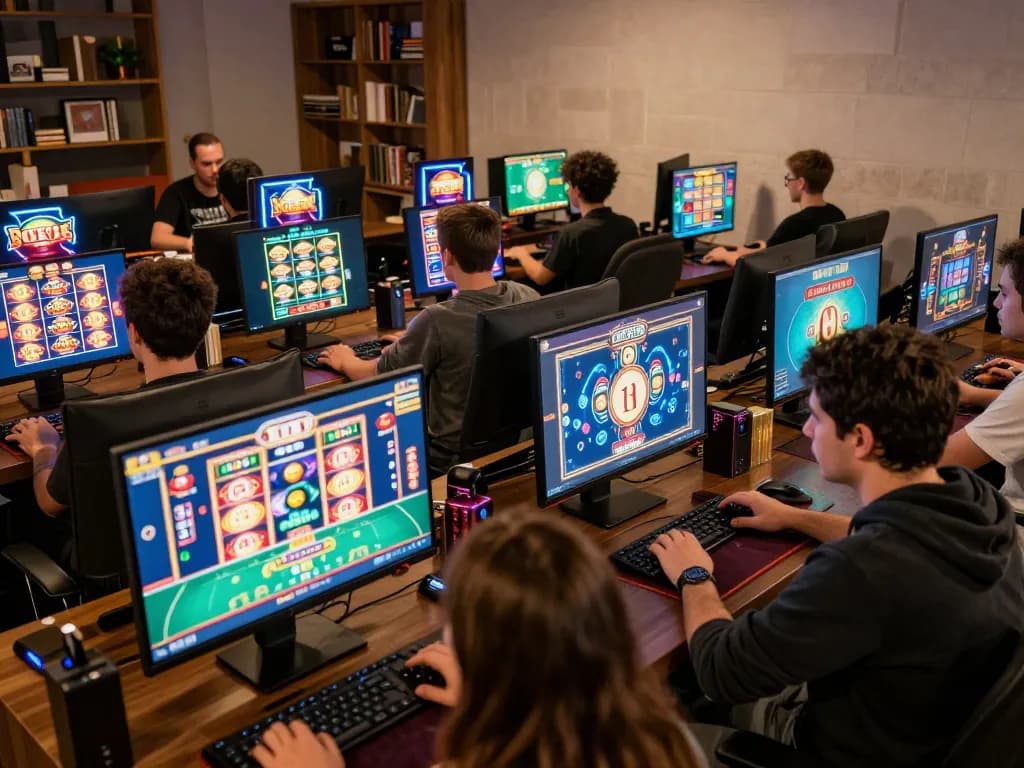Players engaging in online gambling sessions showcasing 79 king interactive casino games on multiple screens, emphasizing strategy and fun.