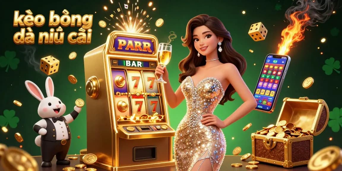 Experience kèo bóng đá nhà cái with a stunning woman toasting by a jackpot slot machine, rich in casino elements.