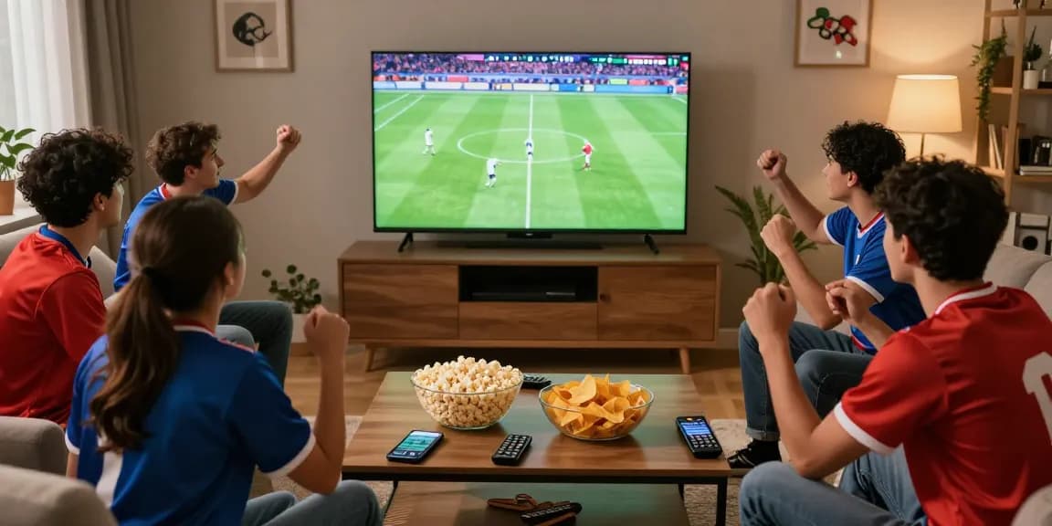 Football fans enjoying live multicanais streaming at home with snacks and excitement.