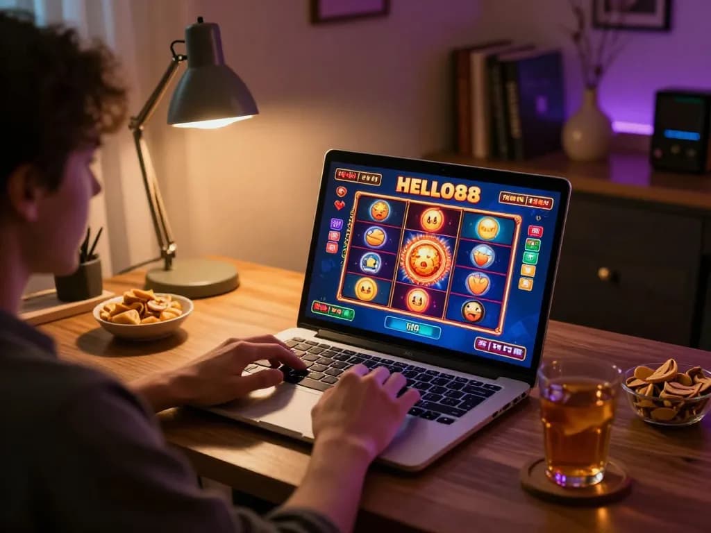 Person enjoying live HELLO88 slot games on a laptop, surrounded by cozy home office elements.