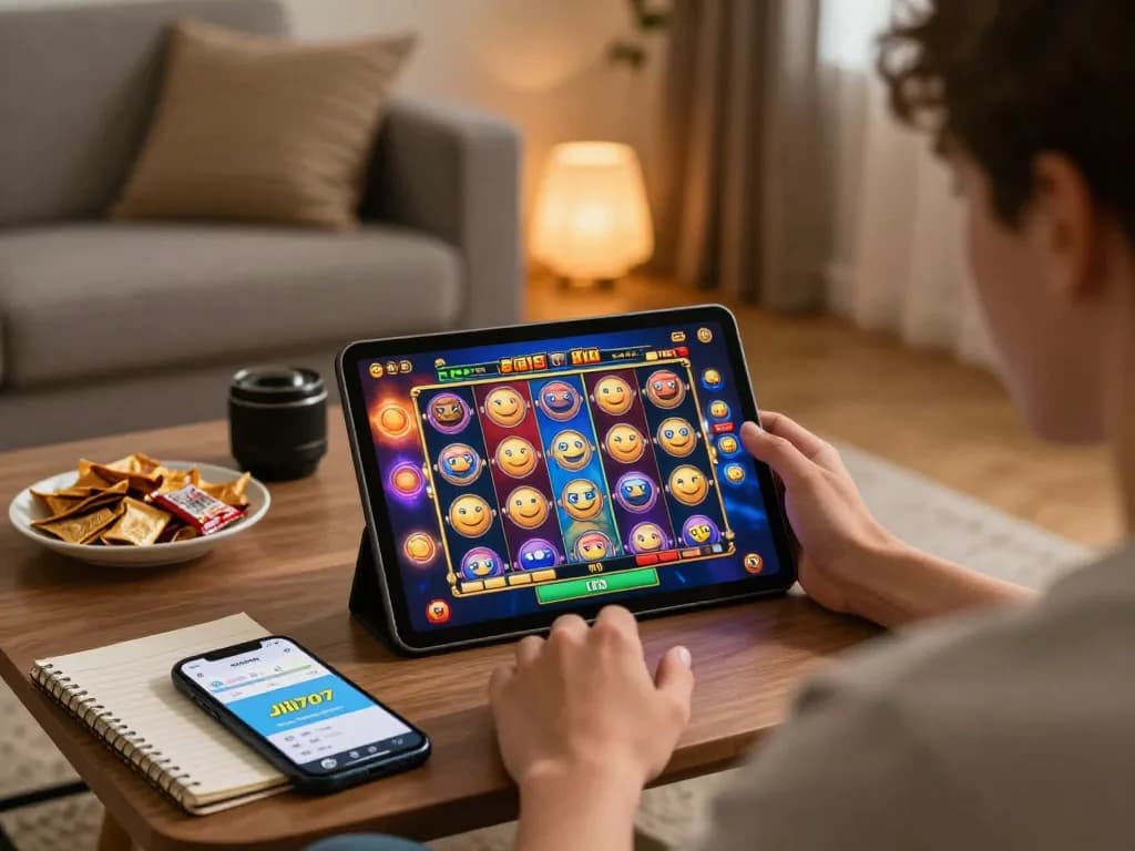 Player enjoying Jili707 slot games on a tablet in a cozy home environment, capturing the thrill of online gaming.