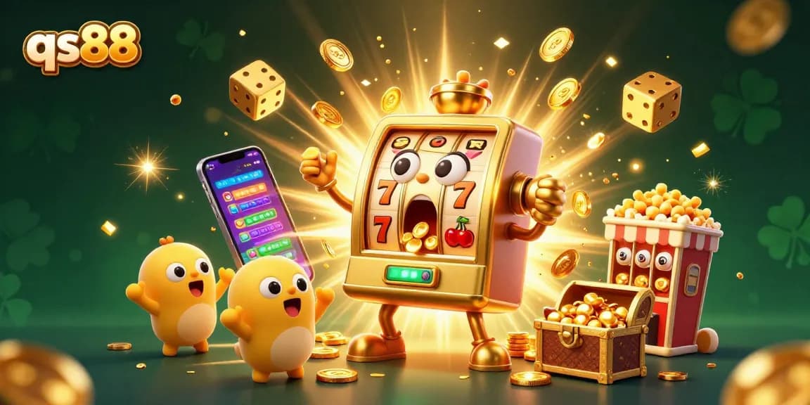 qs88 showcases an exciting jackpot scene with animated slot machines celebrating wins and pouring coins.