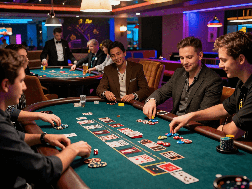 Giocatori al tavolo della roulette in un casinò non AAMS, atmosfera vivace e lussuosa.
