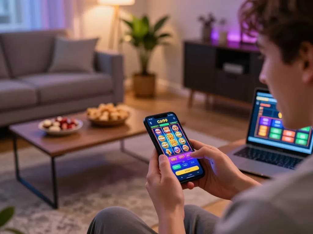 Engaging in Go99 mobile app gameplay showcasing colorful slots in a cozy environment.
