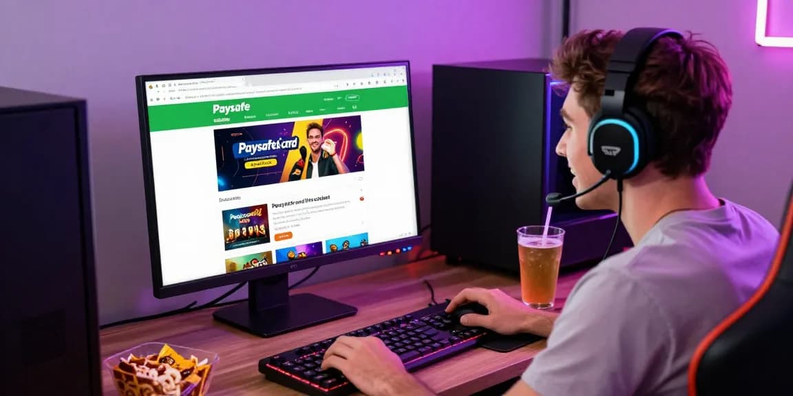 Aufgeregter Gamer in einem Paysafe Card Casino mit Computer und Angeboten auf dem Bildschirm geöffnet.
