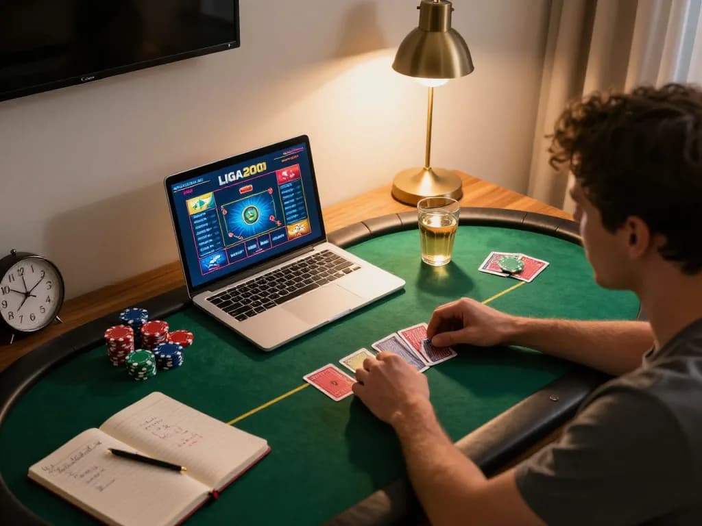LIGA2000 online betting scene with a person using a laptop and poker setup at home for responsible gaming.