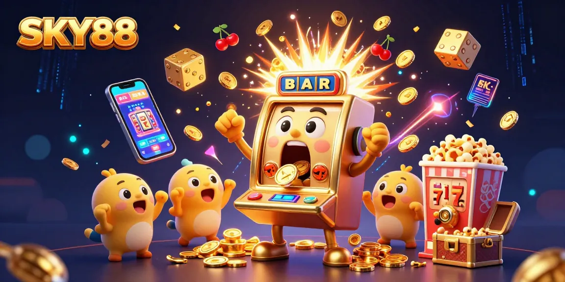 Sky88 slot machine wins jackpot with coins pouring out, cheerful baby machines, vibrant casino scene.