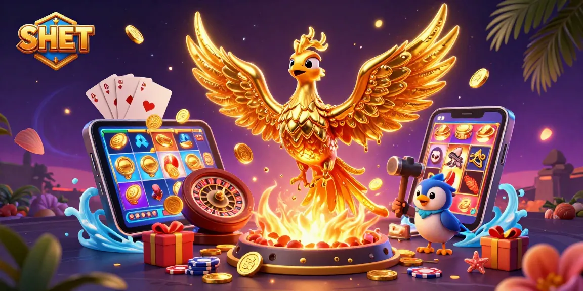 Engage in thrilling gameplay at SH BET with vibrant slot games, golden coins, and casino elements.