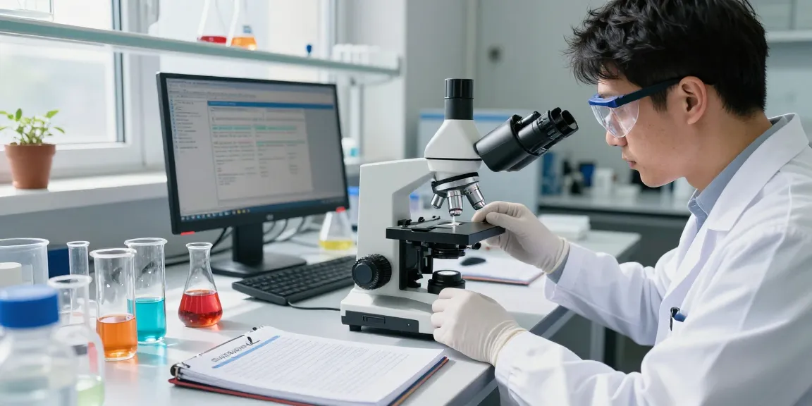 Researcher analyzing SwissChems peptides in a bright lab environment.