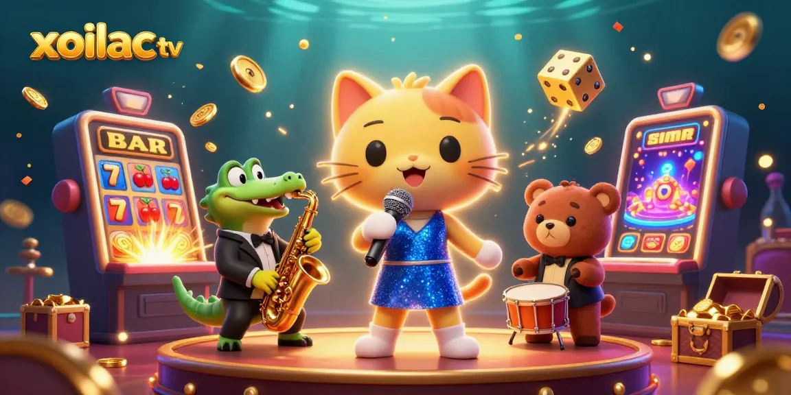 Xoilac TV brings the excitement of casino action alive with a jazz-singer cat, crocodile, and bear cub amidst a jackpot explosion.