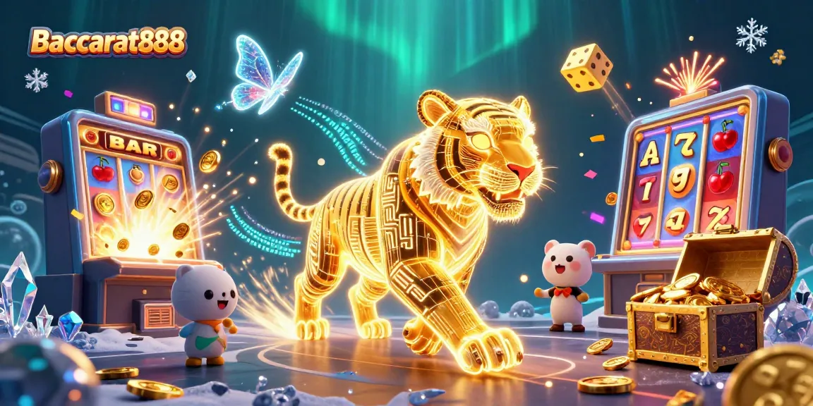 Baccarat888 offers a vibrant 3D rendering of a neon tiger in a digital casino bursting with coins and game elements.