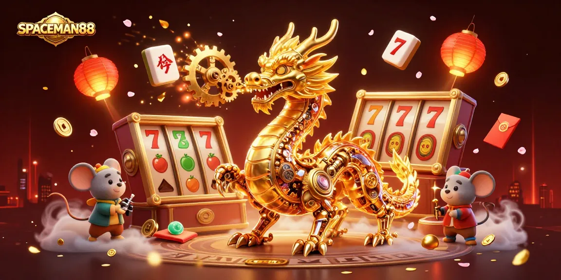 SPACEMAN88 showcases an exciting casino scene with a golden dragon and interactive slot elements, enhancing player engagement.